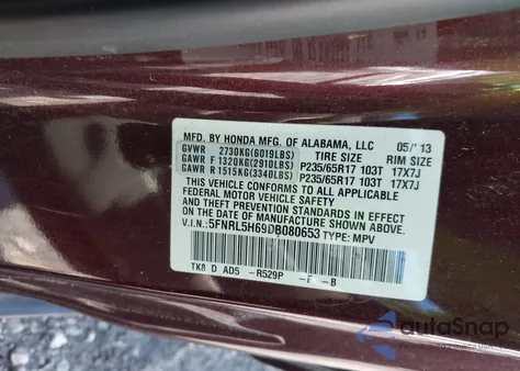2013 Honda Odyssey Ex-L z USA, uszkodzony, nr VIN 5FNRL5H69DB080653